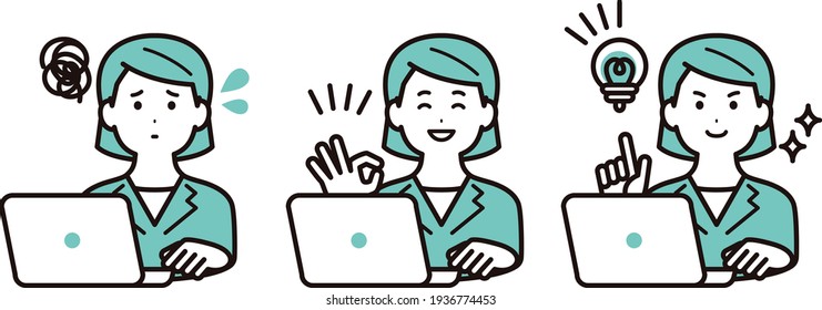 A variation set of facial expressions of a business woman working on a computer.