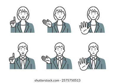 A variation set of facial expressions and poses of a young business person.