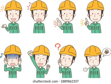 Variation set illustration of facial expression poses of male workers wearing helmets