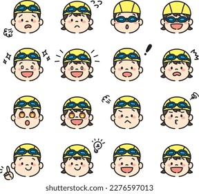 Variation Set of Swimming Kids Face Icons