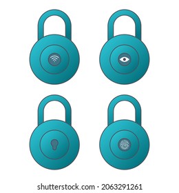Variation set vector lock icons. Eye finger print scanner. Symbol computer private and internet security. Business security illustration. Cyber identification sensor signs. Scan authorization