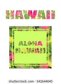 Variation of shirt print with tropical leaves and flowers lettering Hawaii
