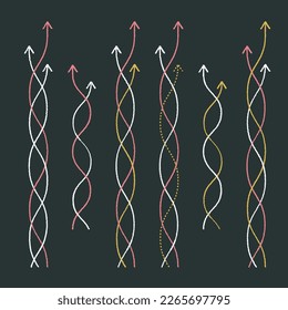 Variation of spiral and straight arrow set of handwritten style lines with chalk on blackboard