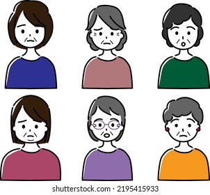 Variation upper body set for elderly and middle-aged women (negative facial expressions such as embarrassed, angry, surprised)