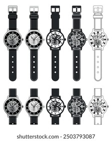 Variation of wrist watch skeleton. Colored vector illustration.