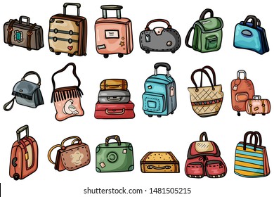 Variations of bags, hand luggage, suitcases for design set. Theme for travel, education and fashion. Vector. Vector doodles