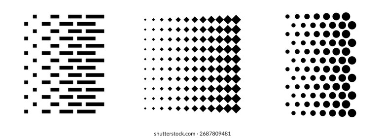 Variations based on the halftone effect - polka dot and square textures. Halftone effect backgrounds.