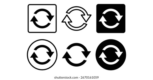 Variations of Black and White Circular and Square Refresh Icons Vector Design Simple Illustration