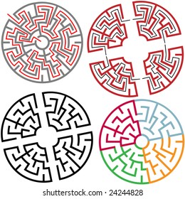 Variationen von Circle und Arc Maze Puzzle Teile, mit Lösung, Farben, in Teilen.