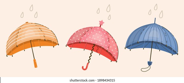 Variations Colorful stylish umbrellas in flat cartoon style. Isolated vector illustration