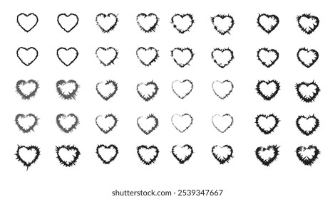 Variantes de contornos de corazón angustiado con bordes ásperos en blanco y negro para Diseños