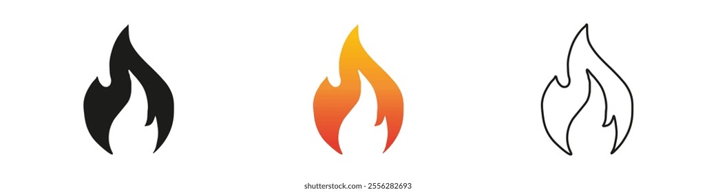 Variations of flame design showcasing different color schemes. Fire icon vector set. Flame icon collection. Fire flame symbol. Black, gradient, line set