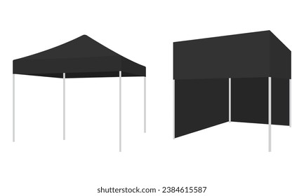 Variations of flat design booth tents, black event tents. Vector illustration