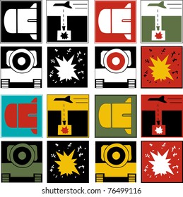 Variations of four war-themed logos with a bomb, air-strike, civilian death and tank