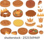 Variations for the French Epiphany cake: la galette des rois. Flat icon, vector icon set. Three kings cake.