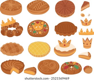 Variations for the French Epiphany cake: la galette des rois. Flat icon, vector icon set. Three kings cake.