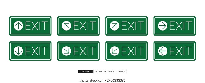 Variations of a green and white exit sign. All signs feature the word "EXIT" next to a white directional arrow, indicating different directions. 