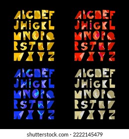 Variaciones del alfabeto latino cortado a mano. Vector ABC aislado en el fondo y fácil de usar para su diseño de letras. Textura dorada, roja, azul, beige.
