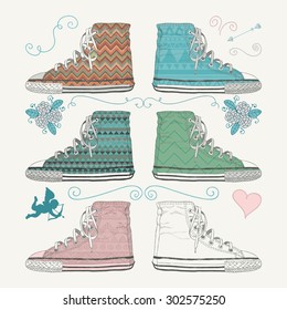Variations of Hand Sketched Sneakers. Side View of Six Different Kinds of Sneakers with Decorative Patterns and Design Elements. Hand Drawn Vector illustration.