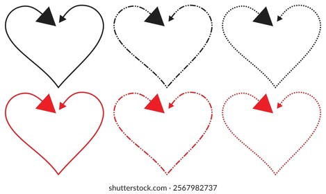Variations of Heart Arrows in Black and Red Outlines. Isolated On Transparent Background.