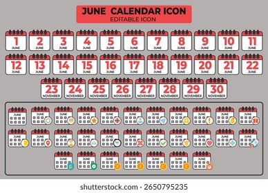 Variantes de un ícono de calendario de junio, que proporciona múltiples estilos y opciones para la programación y