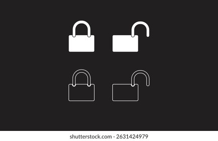 Variations of Locked and Unlocked Padlock Icon Set. The bold contrast of white icons on a black background enhances visibility, ensuring clarity and instant recognition.