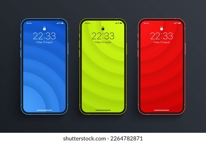 Variations Of Minimalist Blue Bright Green Red 3D Smooth Blurred Lines Wallpaper Set On Photo Realistic Smart Phone Screen Isolated On Dark Back. Various Vertical Abstract Screensavers For Smartphone