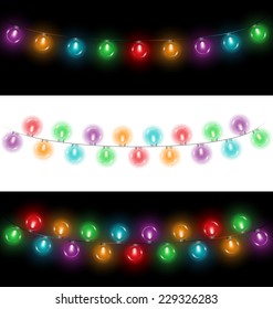 Variations of multicolored glassy led Christmas lights garlands on black and white backgrounds