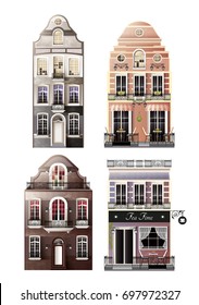 Variations of old european facade houses with arched and traditional windows, porch, balconies, cafe isolated vector illustration 