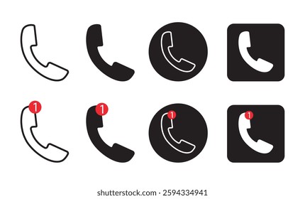 Variations of Phone Call Icons with Notification Badges, Displaying Outlined and Solid Styles in Circular and Square Backgrounds, Representing Missed Calls or Voicemail Alerts.