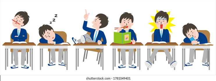 Variations of a serious male student sitting in a seat