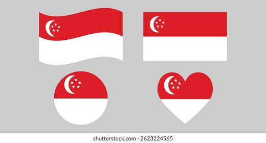 Variações da bandeira de Singapura projetam uma bandeira retangular, uma bandeira ondulada e uma bandeira em forma de coração.