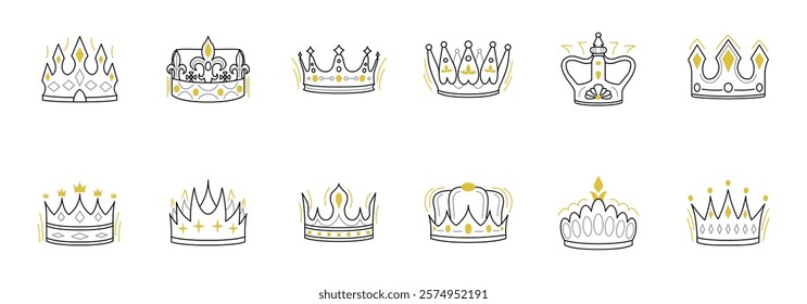 variations of stylized golden crowns ideal for royalty or luxury branding.