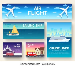 Variations transport of travel vacation tour guide infographic. Cruise, bus, flying on plane, car journey. Vector flyear, invitations, Magazines, cards, presentation, poster, banners set design.