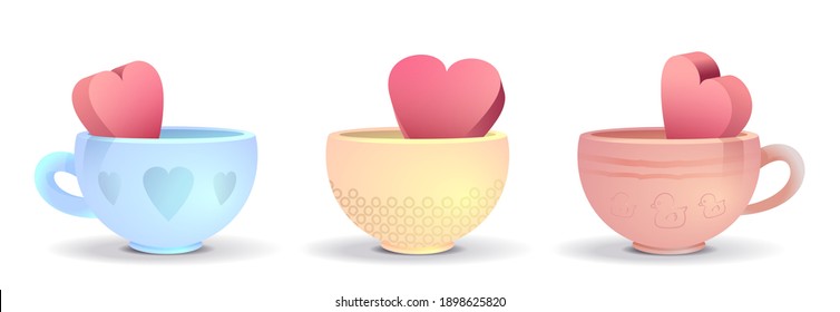 Variations of volumetric cups with a heart inside in a children's cartoon style. Vector illustration. All objects are isolated