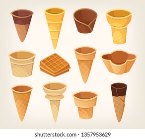 Variations of waffle cups and cones for ice cream. Isolated vector images.