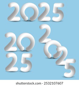 Variações números de plástico branco Feliz Ano Novo 2025. Conjunto de vetores 3d realista
