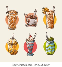 Variative Sweet Drinks Simple Vector of Milkshake, Hot Chocolate, Orange Juice, Smoothies, Lemon Tea, and Iced Tea.