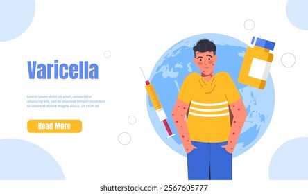 Varicella vaccine poster. Boy in red spots. Injection against virus, prevention and treatment. Healthcare and medicine. Landing webpage design. Flat vector illustration