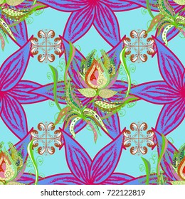 Varicoloblue, magenta and green vector seamless illustration. Tropical seamless pattern with many blue, magenta and green abstract flowers. Cute Floral pattern in the small flower.