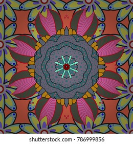 Varicoloblue, yellow and orange vector seamless illustration. Tropical seamless pattern with many blue, yellow and orange abstract flowers. Cute Floral pattern in the small flower.