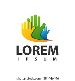 Varicolored hands logo. People teamwork icon. Education logo. Group logo. Communication logo.