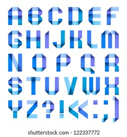 Varicolored letters from paper ribbon-blue. Roman alphabet (A, B, C, D, E, F, G, H, I, J, K, L, M, N, O, P, Q, R, S, T, U, V, W, X, Y, Z).