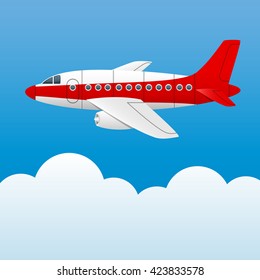 Varicolored plane on a background of blue sky and white clouds. Cartoon style. Vector Image.