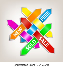 Varicolored ribbons on blank page. Arrows