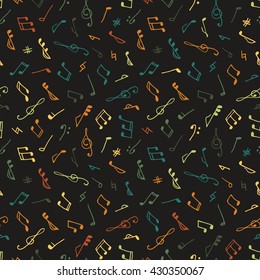 Varicolored seamless music pattern in doodle style on black background. Hand drawn musical theme with clef and note for background, textile, paper packaging, wrapping paper. Vector illustration.