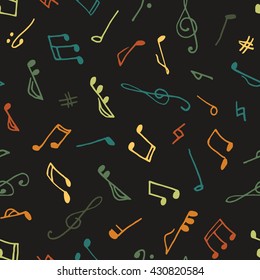 Varicolored seamless music pattern in doodle style on black background. Hand drawn musical theme with clef and note for background, textile, paper packaging, wrapping paper. Vector illustration.