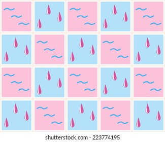 Varicolored tiles with waves and drops seamless checkered pattern