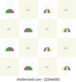 Varicolored umbrellas under the falling rain drops checkered pattern