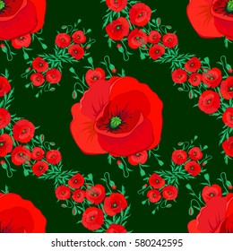 Varicolored vector seamless illustration. Tropical seamless pattern with many motley abstract flowers on a green background.